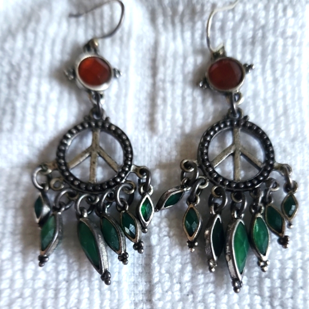 ♥silver and Green Peace Sign Earrings